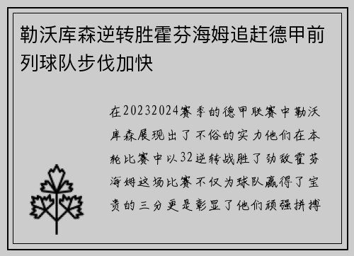 勒沃库森逆转胜霍芬海姆追赶德甲前列球队步伐加快